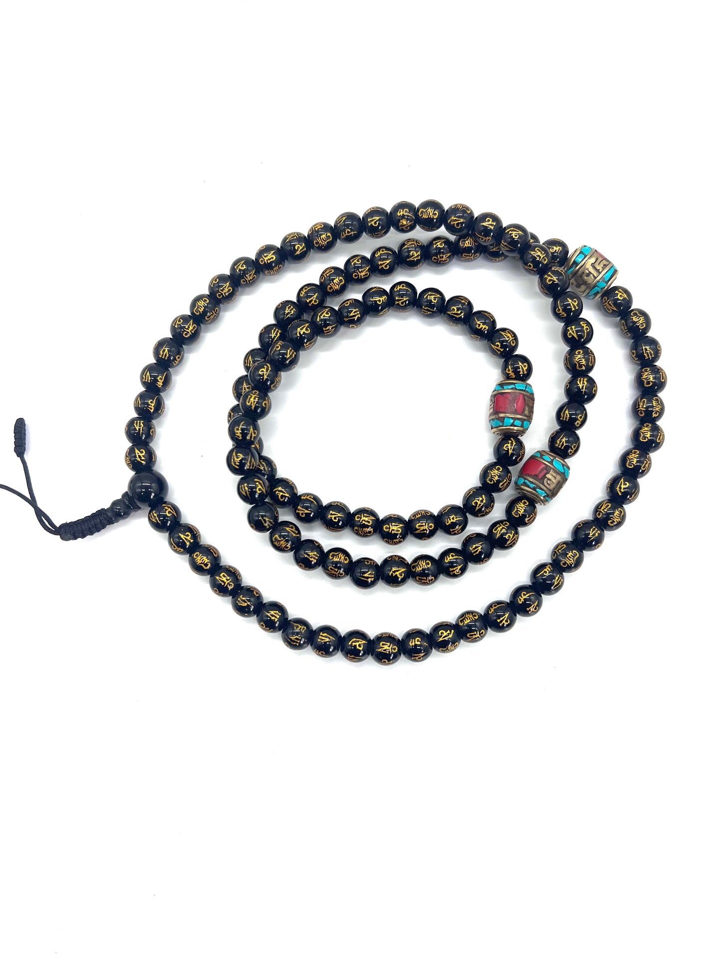 Black Onyx 108 Prayer Beads with Buddhist Compassion Mantra ( Om Mani Padme Hum )