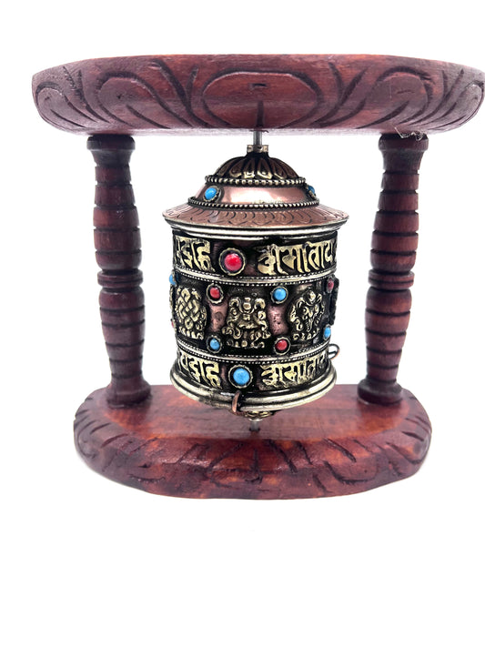 8 Auspicious Symbol Tibetan Copper Prayer Wheel with Wooden Frame