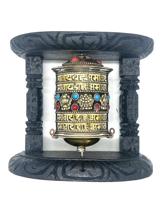 8 Auspicious Symbol Tibetan Copper Prayer Wheel with Wooden Frame