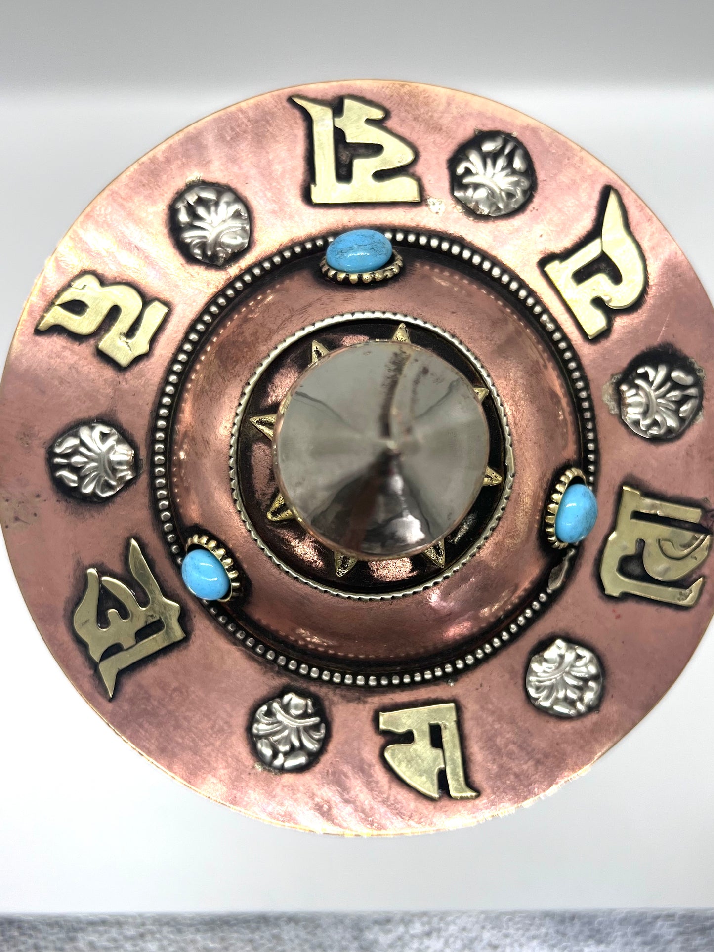 Tibetan Prayer Wheel Etched and Embossed outside with Mantra