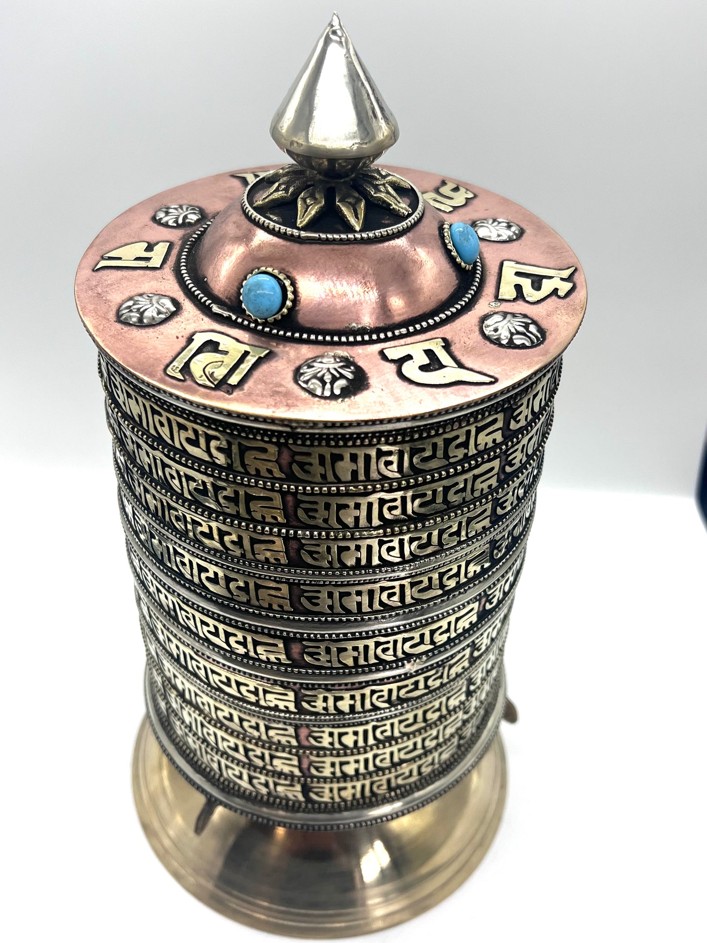 Tibetan Prayer Wheel Etched and Embossed outside with Mantra