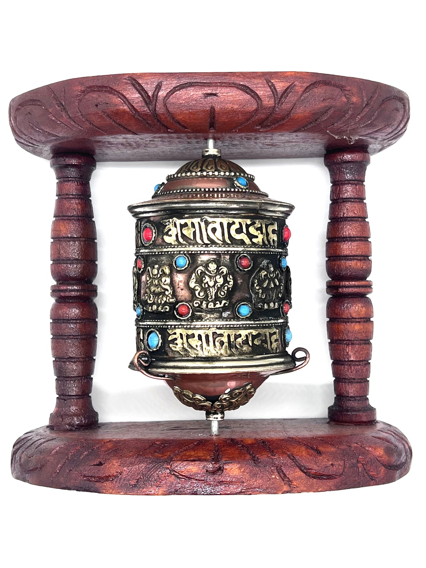 8 Auspicious Symbol Tibetan Copper Prayer Wheel with Wooden Frame