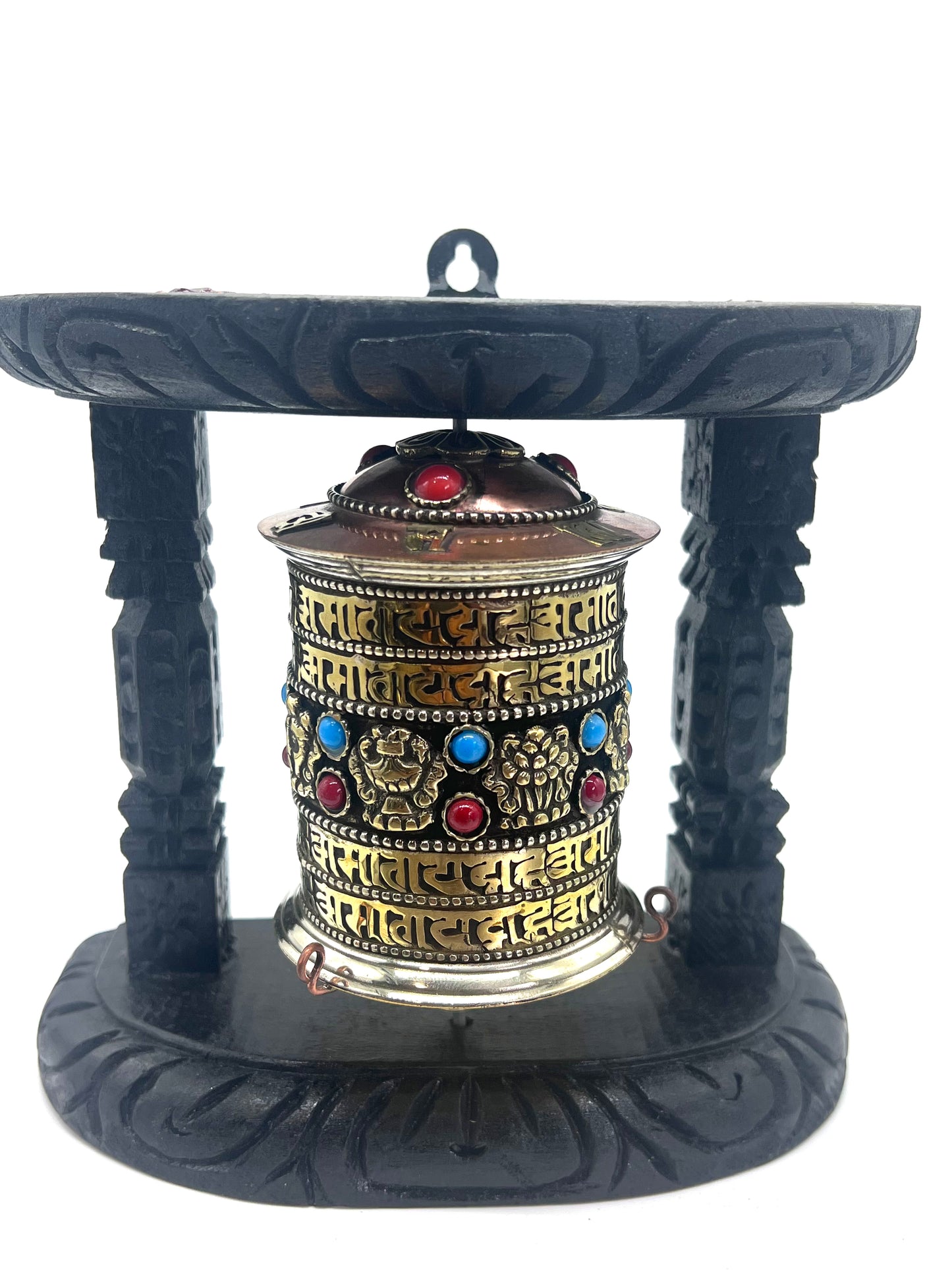 8 Auspicious Symbol Tibetan Copper Prayer Wheel with Wooden Frame