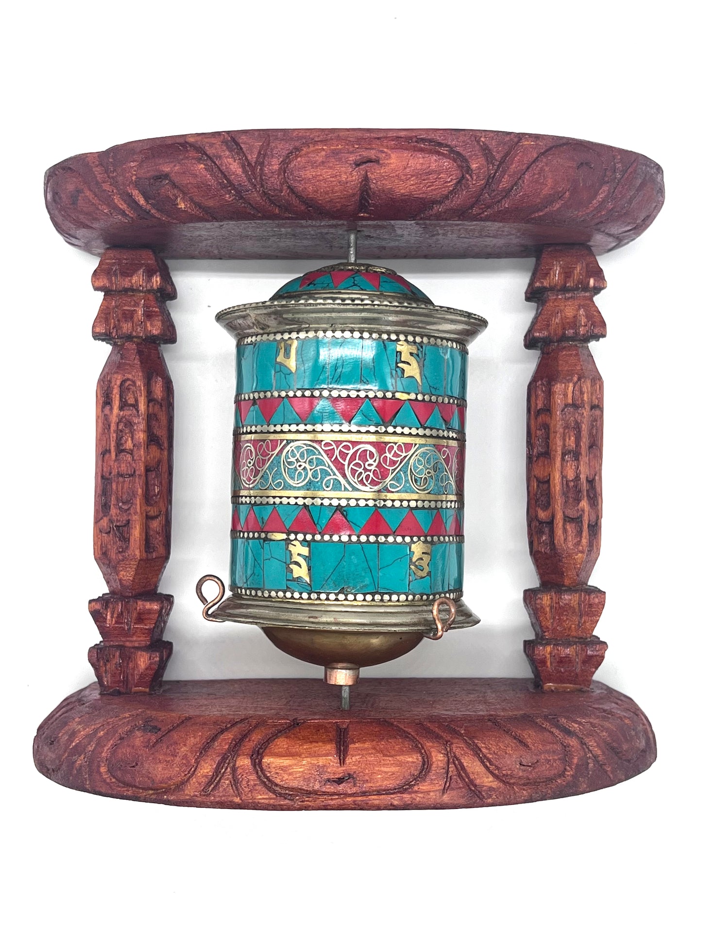 Stone inlaid Tibetan Prayer Wheel with Wooden Frame