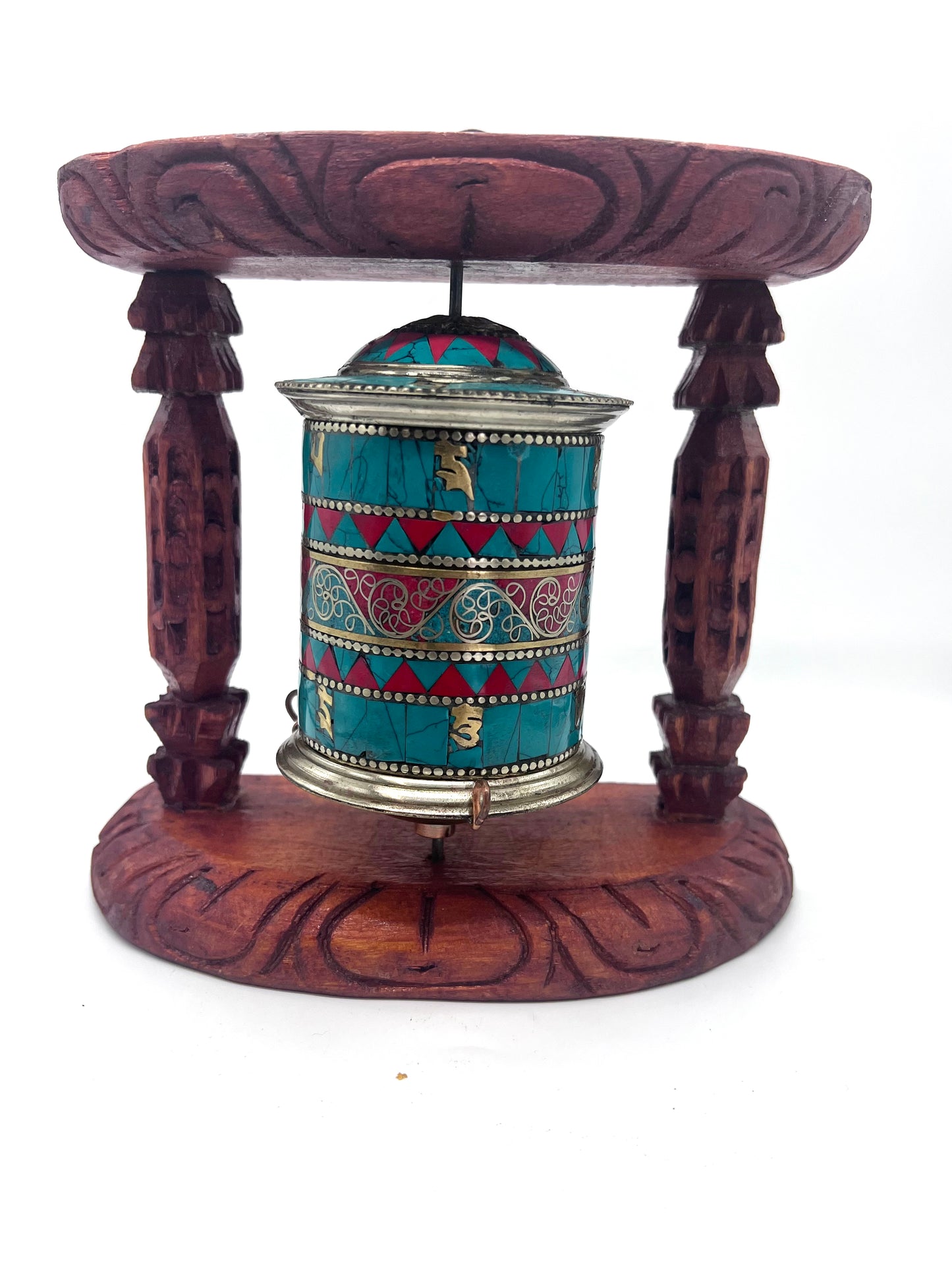 Stone inlaid Tibetan Prayer Wheel with Wooden Frame