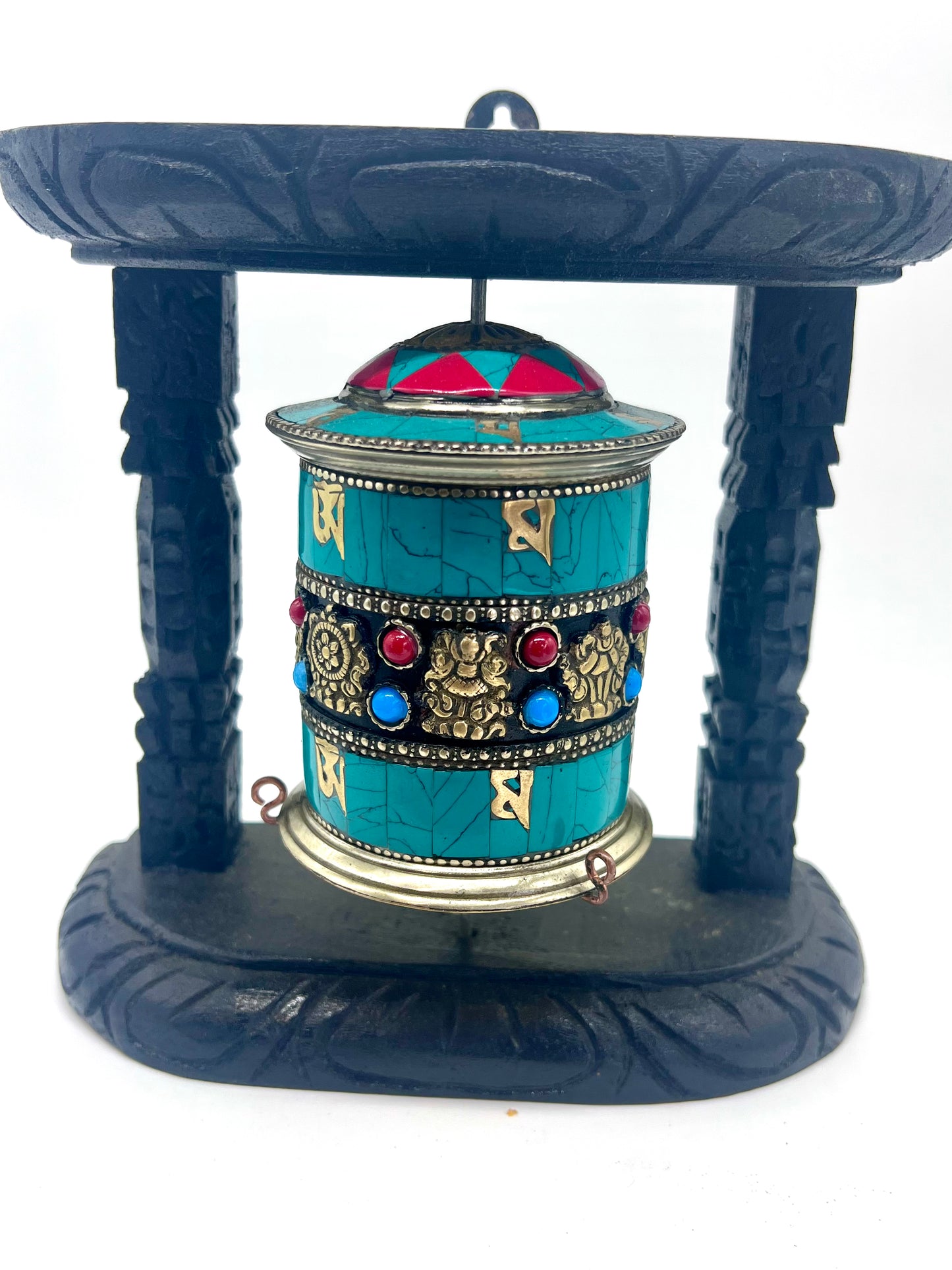 Stone inlaid Tibetan Prayer Wheel With Wooden Frame