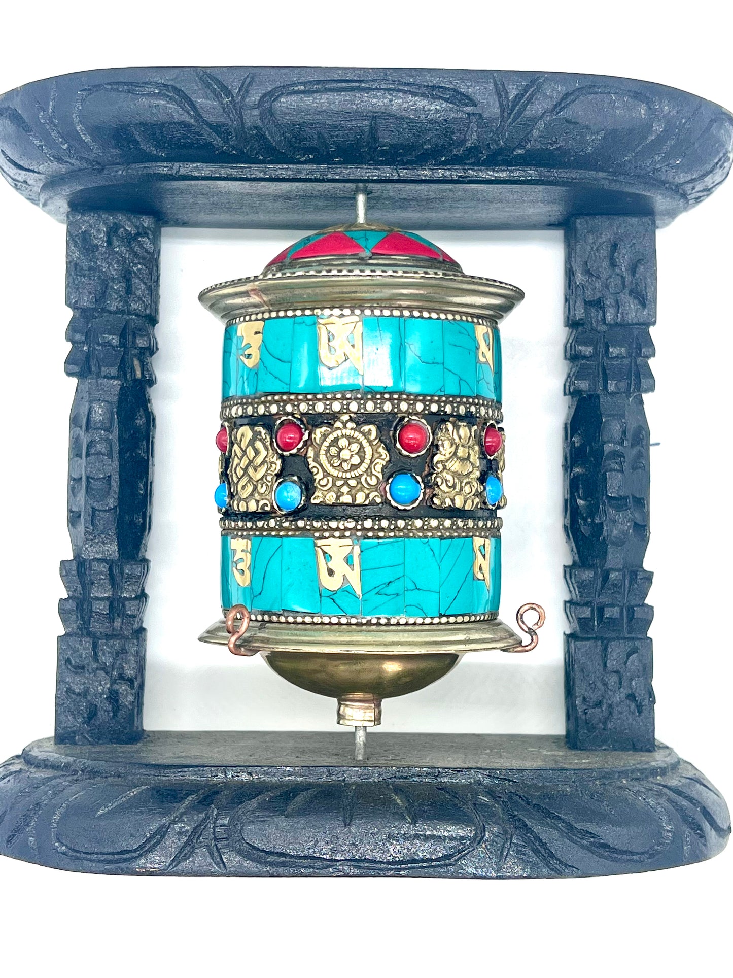 Stone inlaid Tibetan Prayer Wheel With Wooden Frame