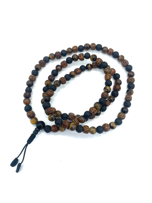 Tiger eye, Lava and Rudraksha 108 Prayer Beads